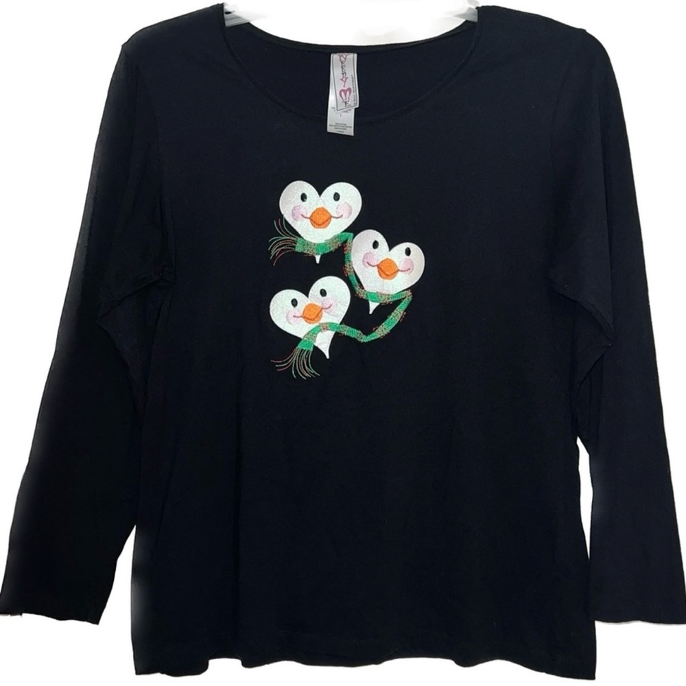 ⭐️Women’s Penguin Face Heart Top Blouse LS Appliqués’ Holiday Christmas Large
